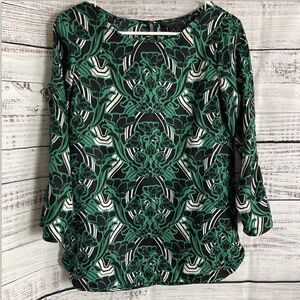 J.Crew Top Womens Size 0 Blouse Green 3/4 Sleeve Retro Floral Popover Round Neck